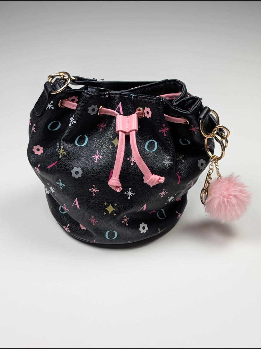 FAO Schwarz Drawstring Bucket Bag Black Pink Pom Pom Charms Retro Y2K Style